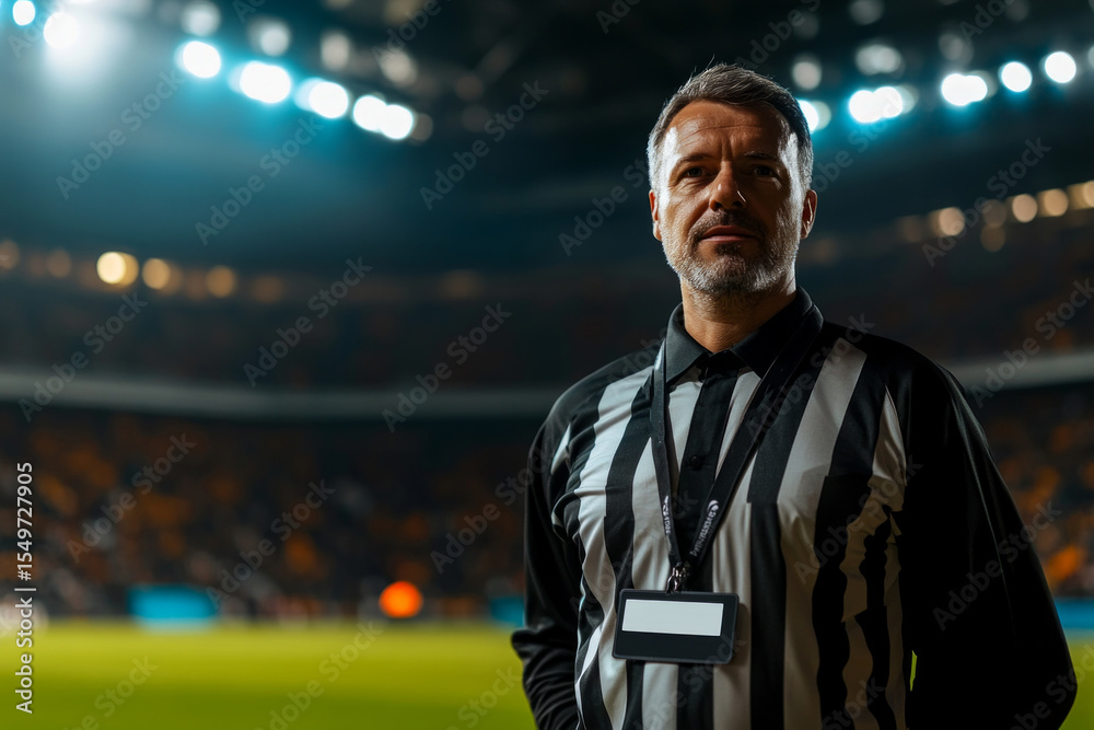 Fototapeta premium Soccer referee standing on a playing field in a big stadium at night, ready to start a match