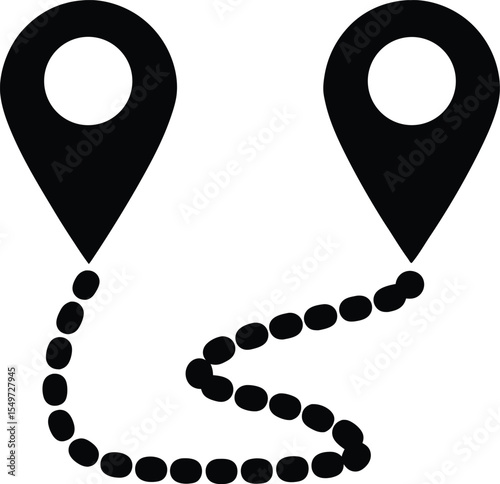 Route between two points with location markers in black and white style
