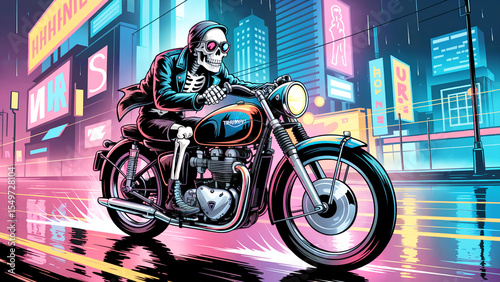 Skeleton rider cruises through a neon cityscape on a classic motorcycle