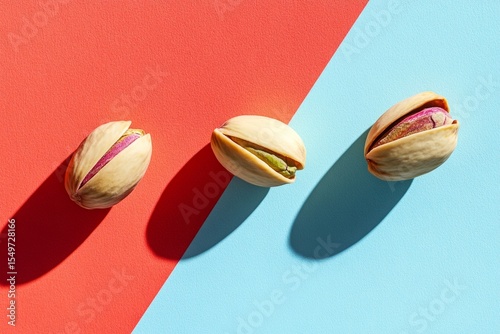 Three pistachios are arranged in a diagonal line on a vibrant two-tone background, casting strong shadows