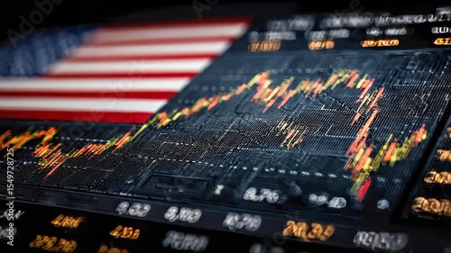 A digital stock market chart with fluctuating lines displayed over a background featuring the American flag, symbolizing the connection between the U.S. economy and financial markets