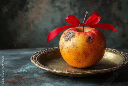 Rotten apple with a red bow sits on a metal plate, representing hidden flaws and deceitful appearances