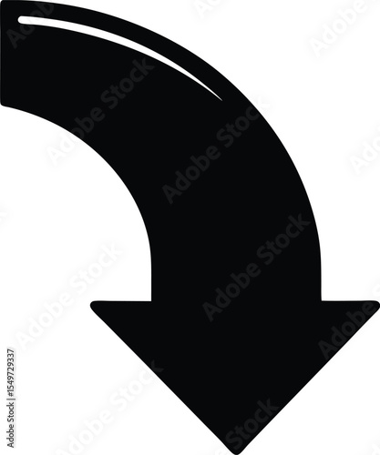 Curved Arrow Pointing Downward in Black Silhouette on White Background Directional Sign