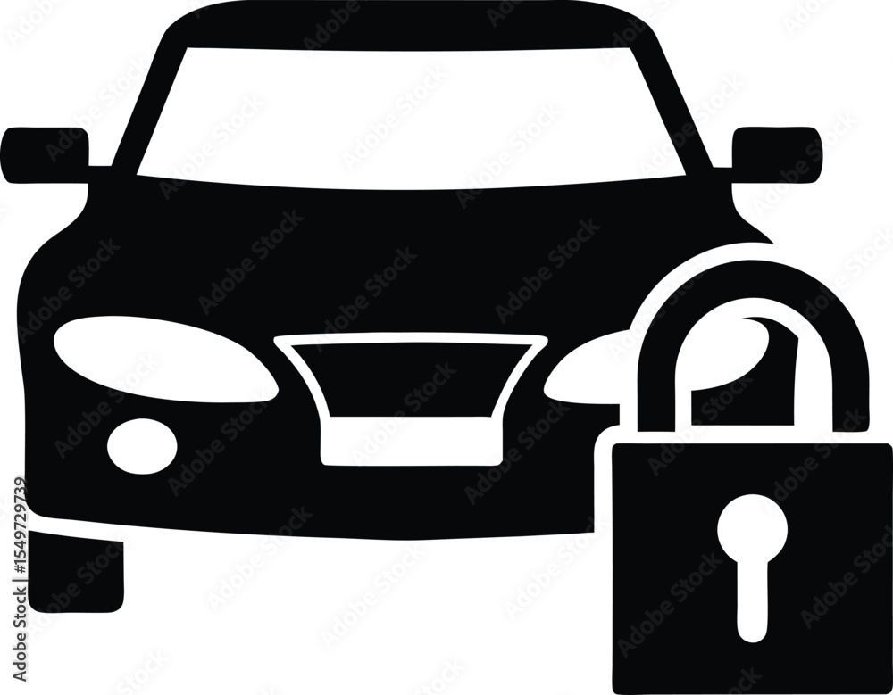 Obraz premium Car security icon with padlock in black and white for automotive safety