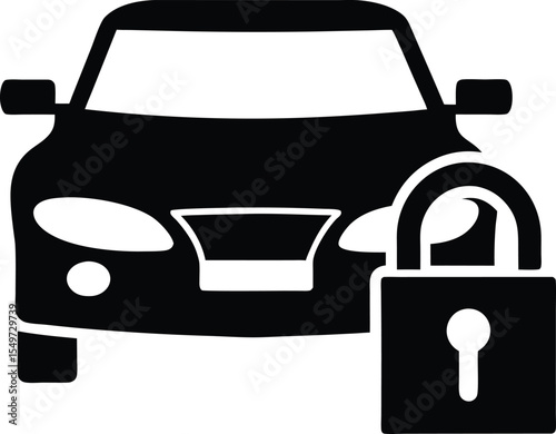 Car security icon with padlock in black and white for automotive safety