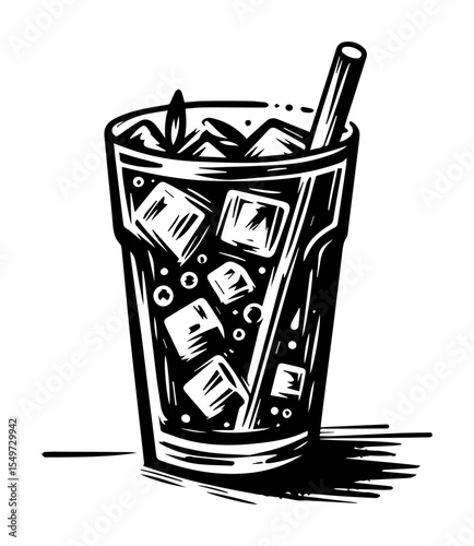 soda with ice cubes in tall glass vector shape drawing