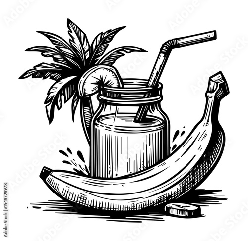 tropical smoothie jar with fruits silhouette shape vector