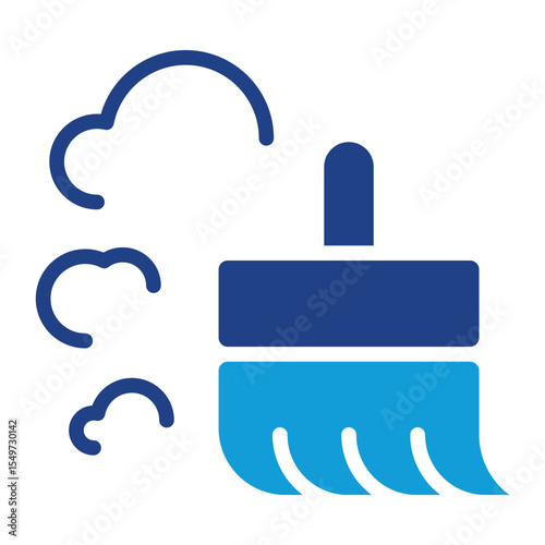 Floor Cleaning - Dual Tone Glyph Blue Fill Silhouette Style Icon - broom with dust clouds, symbolizing sweeping and tidying a floor surface