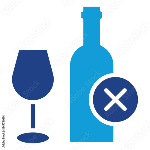 No Alcohol - Dual Tone Glyph Blue Fill Silhouette Style Icon - wine bottle and glass with an “X” mark, symbolizing alcohol restriction or abstinence