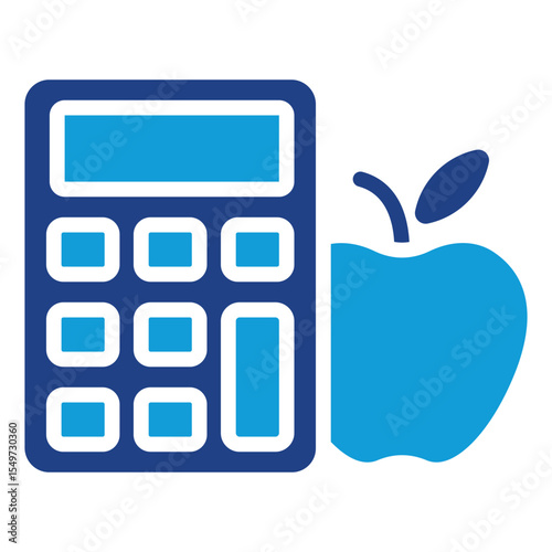 Nutrition Count - Dual Tone Glyph Blue Fill Silhouette Style Icon - Calculator and apple, representing nutritional tracking and calorie calculation