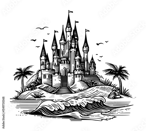 fantasy castle on island with waves silhouette shape vector
