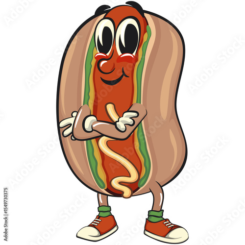 cute hot dog mascot cartoon vector illustration folding his arms calmly, funny fast food character isolated on transparent background, work of hand drawn