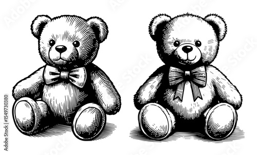teddy bears with bow ties vintage silhouette shape vector