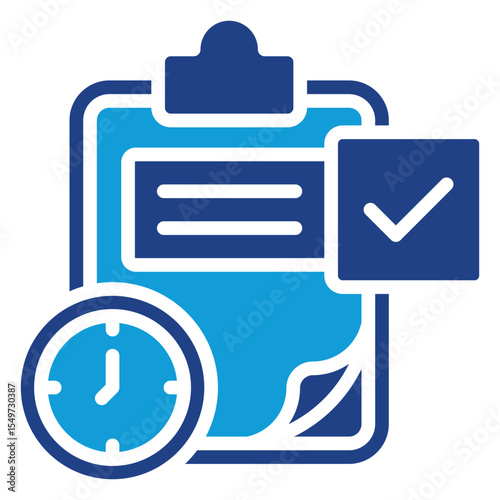 Routine Plan - Dual Tone Glyph Blue Fill Silhouette Style Icon - checklist clipboard with a clock, symbolizing daily planning or scheduled tasks