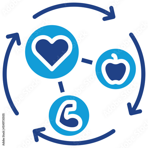 Wellness Cycle - Dual Tone Glyph Blue Fill Silhouette Style Icon - Heart, clock, and coin symbols in a loop, illustrating balance of health, time, and budget