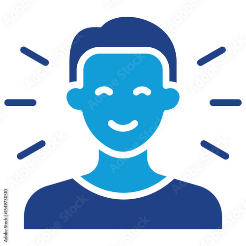 Wellbeing - Dual Tone Glyph Blue Fill Silhouette Style Icon - smiling face with positive rays, expressing health, contentment, or peace of mind