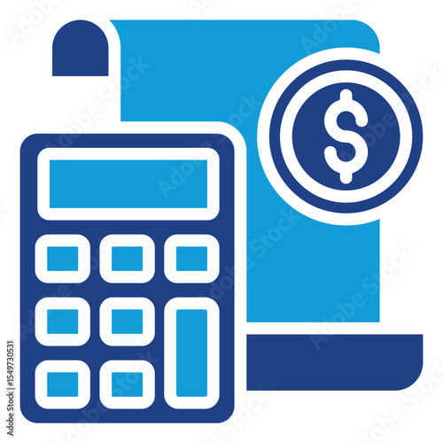 Budget Tracker - Dual Tone Glyph Blue Fill Silhouette Style Icon - Calculator and cash register, symbolizing budgeting or expense control