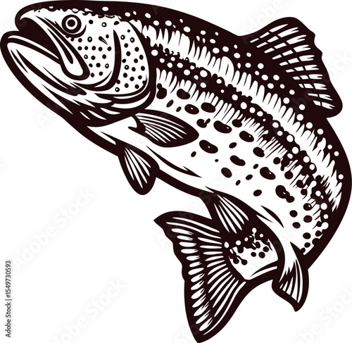 Detailed vintage illustration of a leaping trout fish with textured scales and fins, hand drawn in black and white