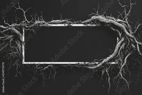 Intricate roots create a natural frame around a rectangular copy space on a dark background, evoking themes of nature, growth, and decay