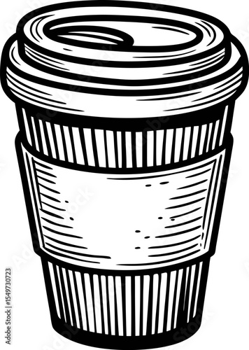 Hand drawn disposable coffee cup with lid and sleeve vintage black and white engraving illustration
