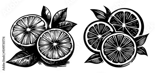 citrus slices and leaves silhouette shape vector illustration