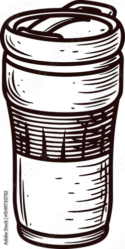 Hand drawn reusable travel coffee cup with lid isolated on white background vintage engraved sketch illustration