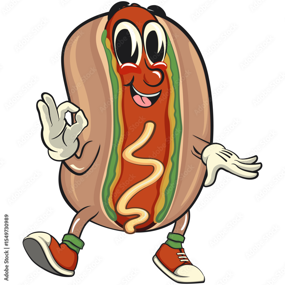 Obraz premium cute hot dog mascot cartoon vector illustration dancing while giving the okay sign, funny fast food character isolated on transparent background, work of hand drawn