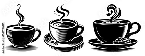coffee cups set hot drink engraving vector shape illustration