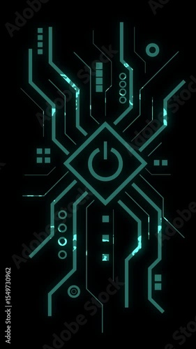 Power button symbol glowing with circuit lines on black background