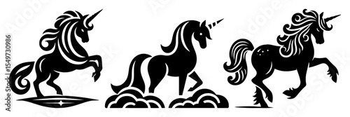 unicorns galloping fantasy horses silhouette laser cutting vector