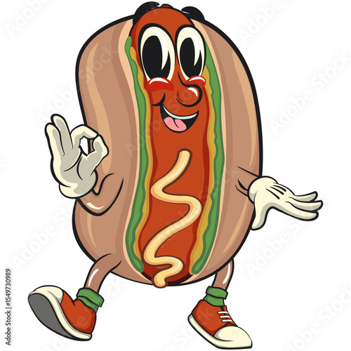 cute hot dog mascot cartoon vector illustration dancing while giving the okay sign, funny fast food character isolated on transparent background, work of hand drawn