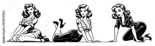 pin-up girls sitting poses engraving black sketch vector