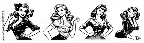 retro pin-up women set silhouette vector engraving style