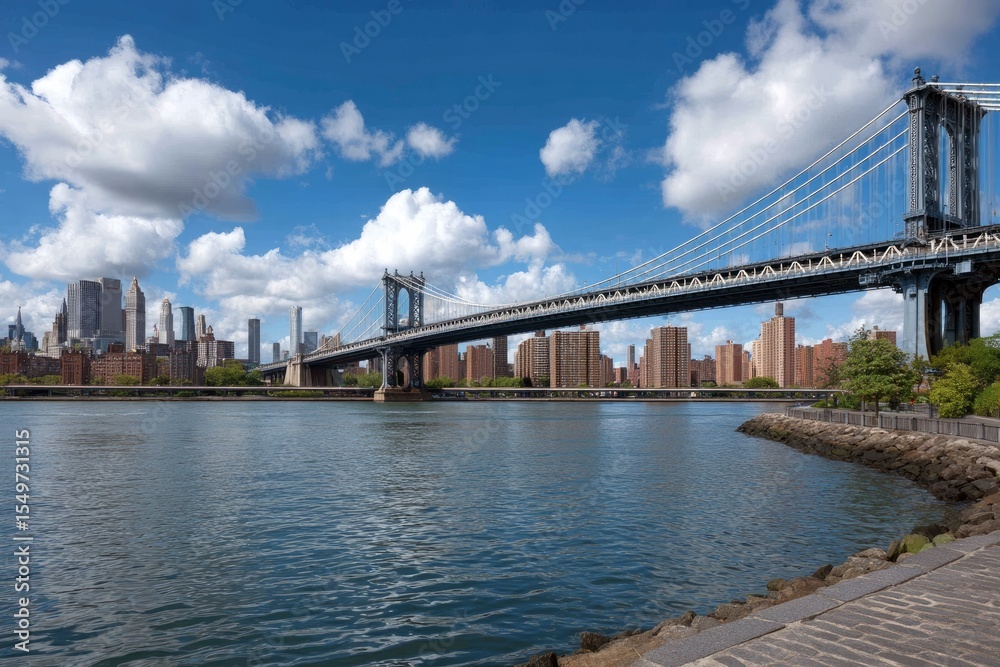 Fototapeta premium Manhattan Bridge spans a river with cityscape skyline under a sky of clouds