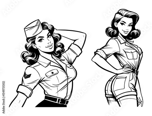 pin-up military women portrait black silhouette vector engraving