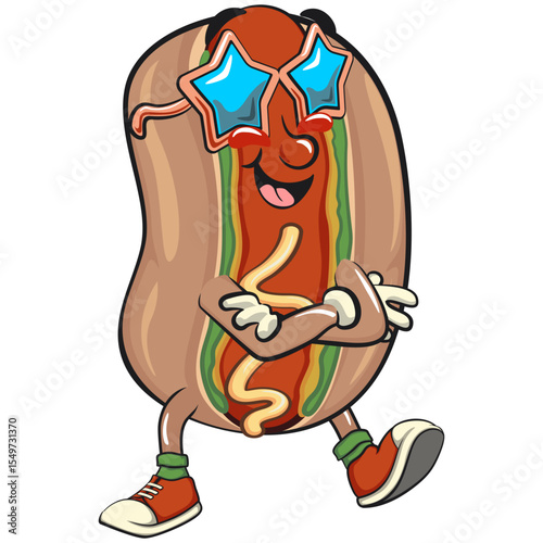 cute hot dog mascot cartoon vector illustration wearing stars shaped beach sunglasses, funny fast food character isolated on transparent background, work of hand drawn