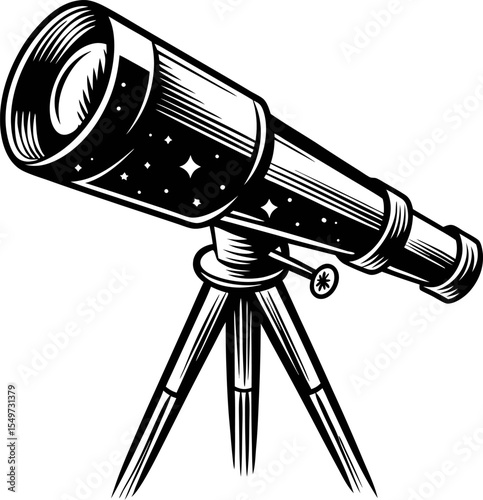 Detailed vintage engraved drawing of an astronomical telescope with starry night sky on tripod stand isolated