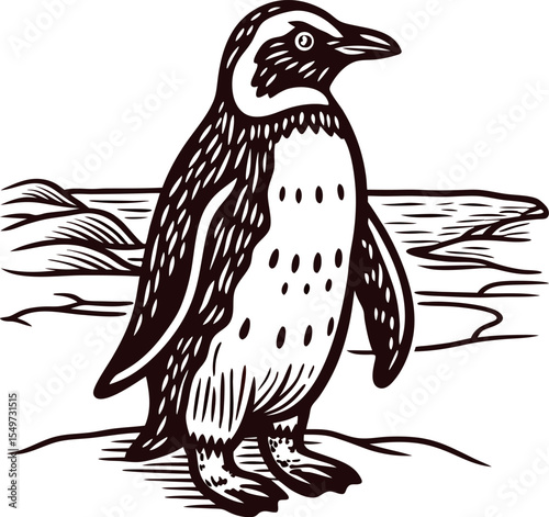 Vintage engraved penguin standing on icy landscape with ocean in the background, hand drawn illustration