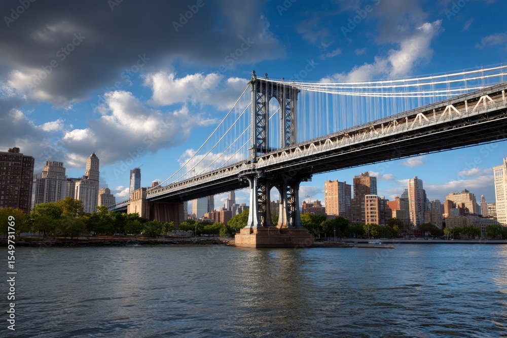 Obraz premium Manhattan Bridge with steel suspension cables and towers spans water cityscape backdrop under a cloudy sky