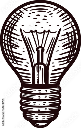 Vintage hand drawn incandescent light bulb illustration with detailed filament and screw base sketch