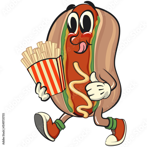 cute hot dog mascot cartoon vector illustration brought a box of french fries, funny fast food character isolated on transparent background, work of hand drawn