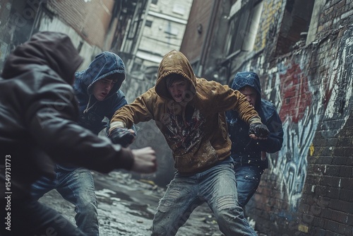 Three angry street thugs wearing hoodies are attacking someone in a grungy urban alley