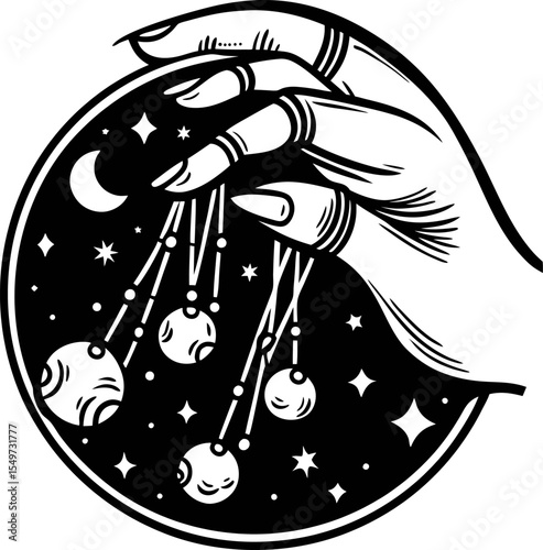 Mystical hand holding planets in dark starry night sky celestial occult illustration with moons and stars