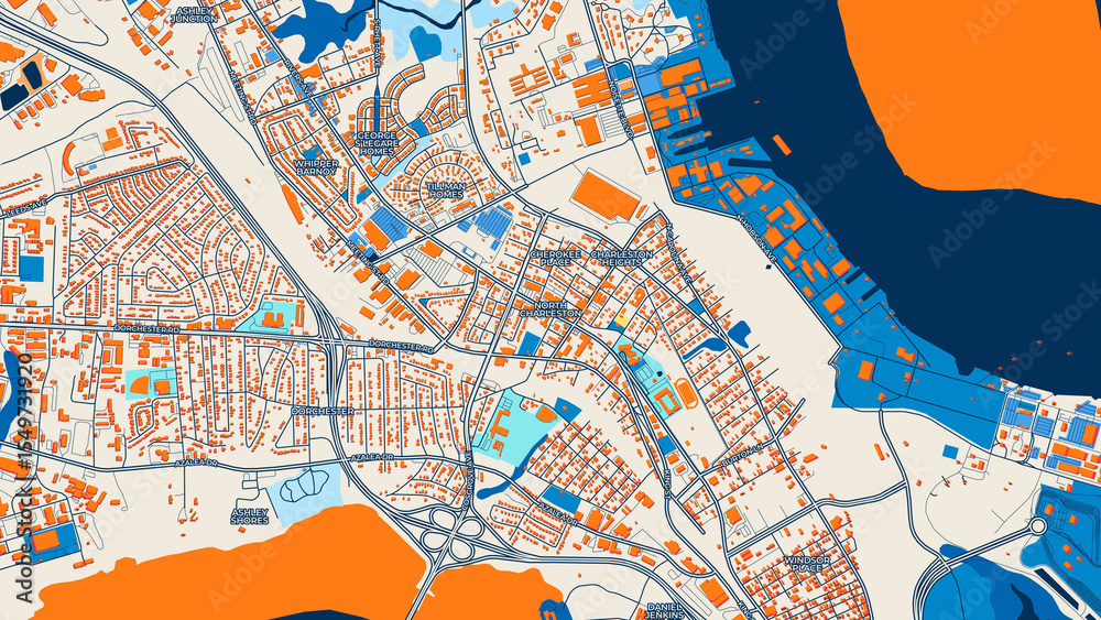 Fototapeta premium Colorful North Charleston Street Map with Labels and Buildings