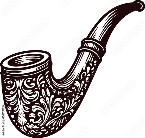Vintage hand drawn ornate smoking pipe illustration with intricate floral design on the bowl and curved stem