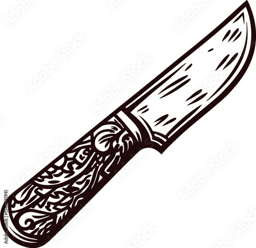 Engraved hunting knife with decorative handle in hand drawn vintage illustration on white background