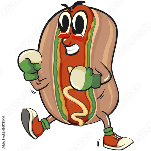 cute hot dog mascot cartoon vector illustration boxing wearing boxing glove, funny fast food character isolated on transparent background, work of hand drawn