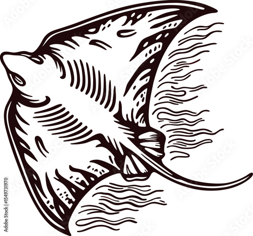 Elegant hand drawn stingray illustration with intricate line details and flowing water elements