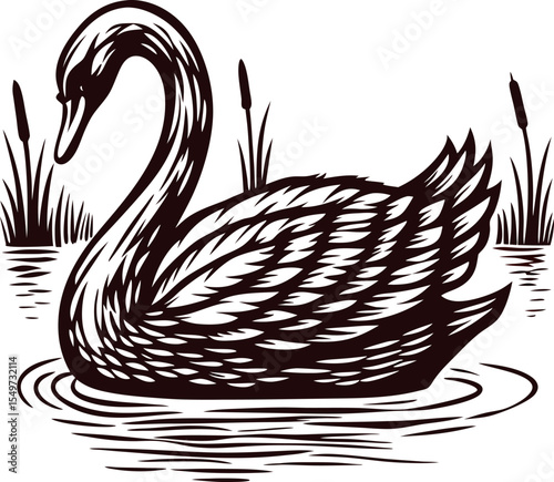 Elegant hand drawn swan gracefully swimming on calm water with reeds in vintage engraved black and white