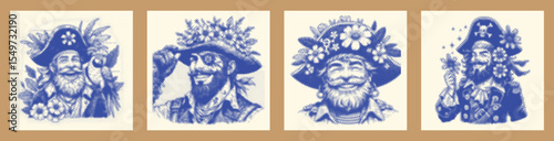 Cheerful pirate captain wearing a wildflower hat in blue color, halftone stipple dotted effect, vector bundle design perfect for creative projects, illustrations, and digital artwork collections